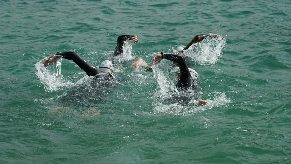 Open water swimmers in the sea